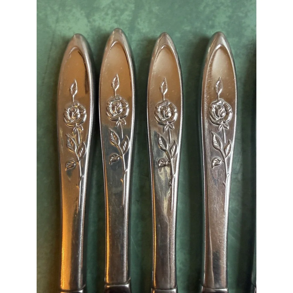 Floral Rose Stainless Steel Butter Knife Set Of 8 Unmarked Vintage Cottagecore